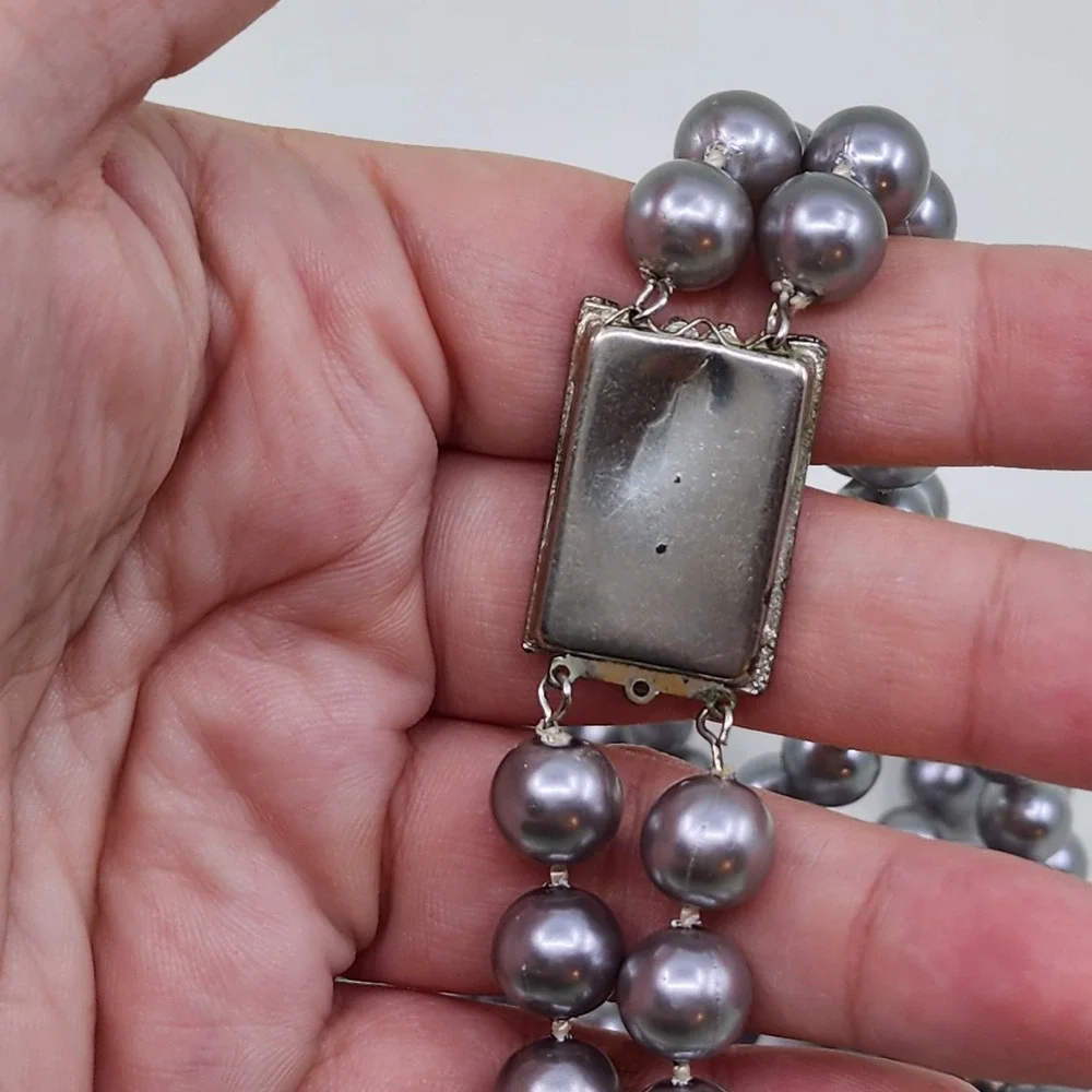 Vintage Gray Faux Pearl Double Strand Necklace Rhinestone Box Clasp Statement